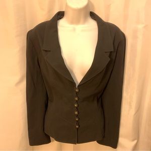 CHANEL size 44 black wool crepe PEPLUM blazer 12 BUTTONS!